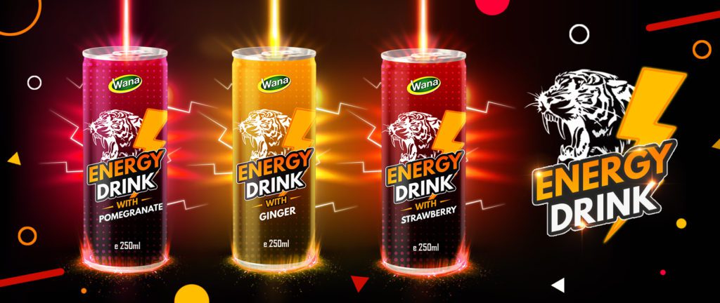 Private label energy drink manufacturing showing various fruit flavors and custom packaging options by Wana Beverage