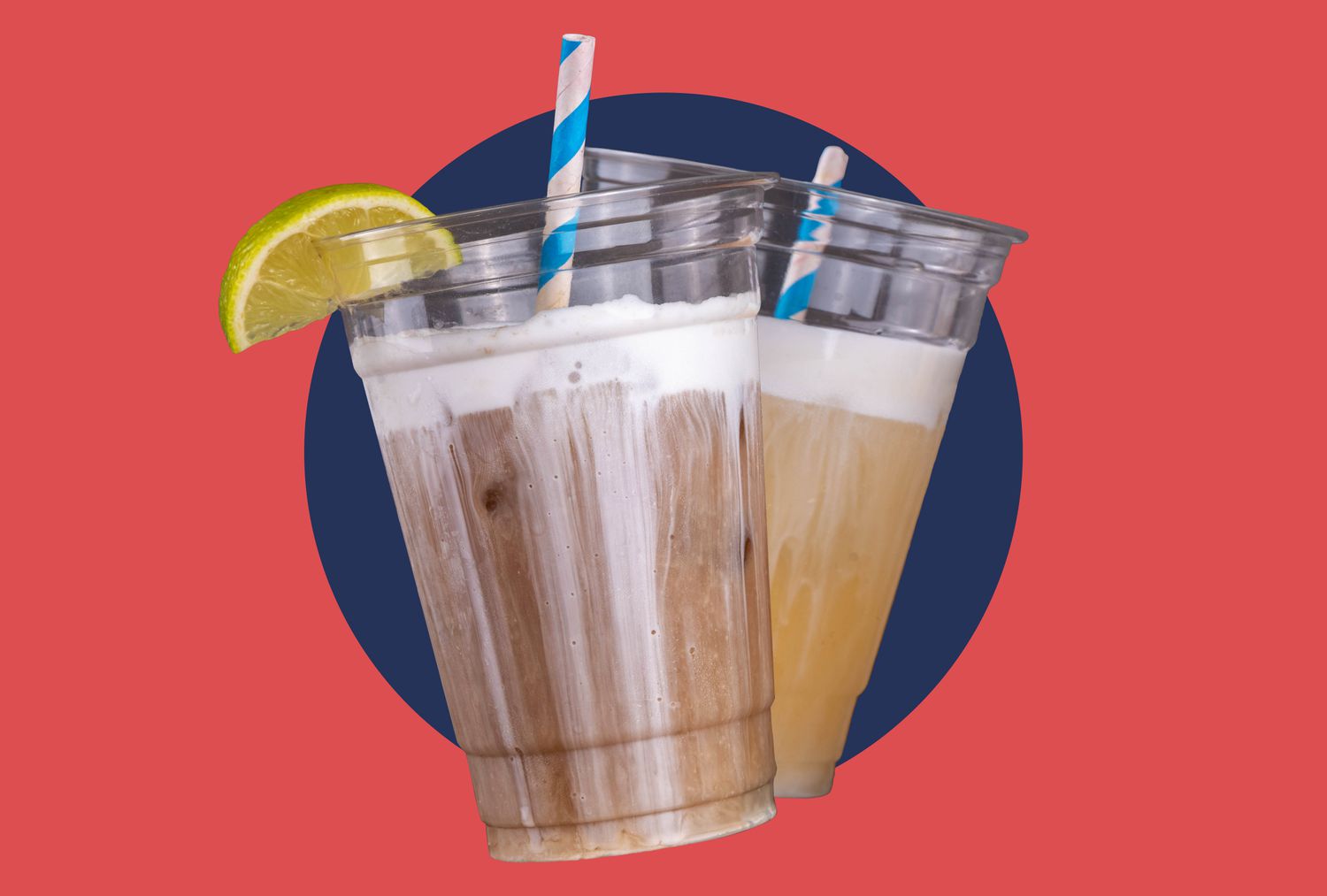Two cups of creamy dirty soda with lime wedges and straws, demonstrating the premium visual appeal of a ready to drink dirty soda product concept.