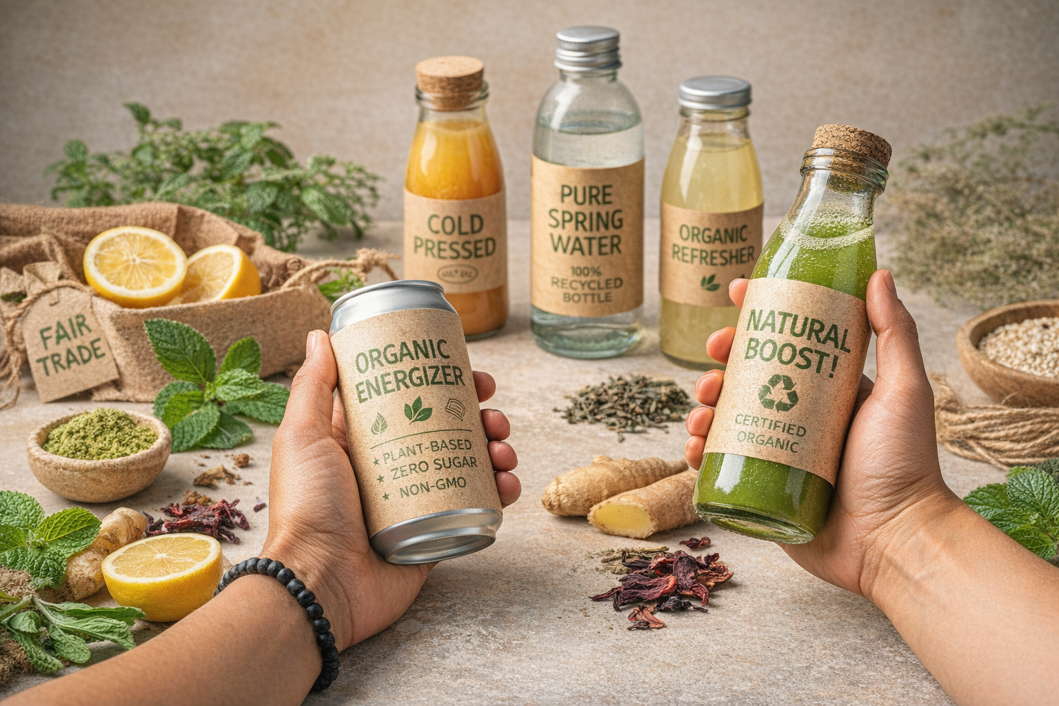 Gen Z functional beverages including organic juice, plant-based energy drink, and cold-pressed drinks with natural ingredients like ginger and herbs