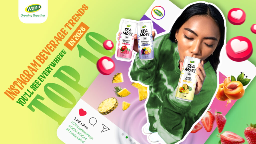 Top 10 Instagram beverage trends of 2026 graphic featuring Wana Sea Moss drinks and social media engagement icons.