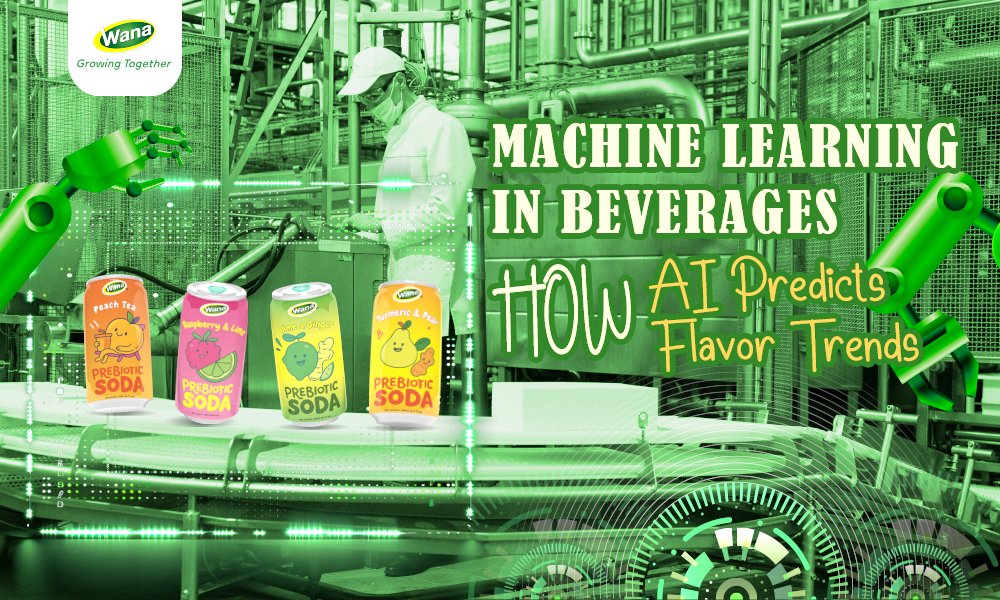 Machine Learning in beverages graphic showing Wana Prebiotic Soda cans on a production line with AI predicting flavor trends.
